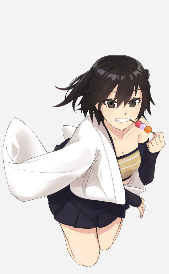 alternate_costume arm_out_of_sleeve black_skirt breasts brown_eyes brown_hair cleavage collarbone cosplay detached_sleeves hadanugi_dousa kantai_collection lempika medium_breasts pleated_skirt sendai_(kantai_collection) short_hair shouhou_(kantai_collection) shouhou_(kantai_collection)_(cosplay) skirt