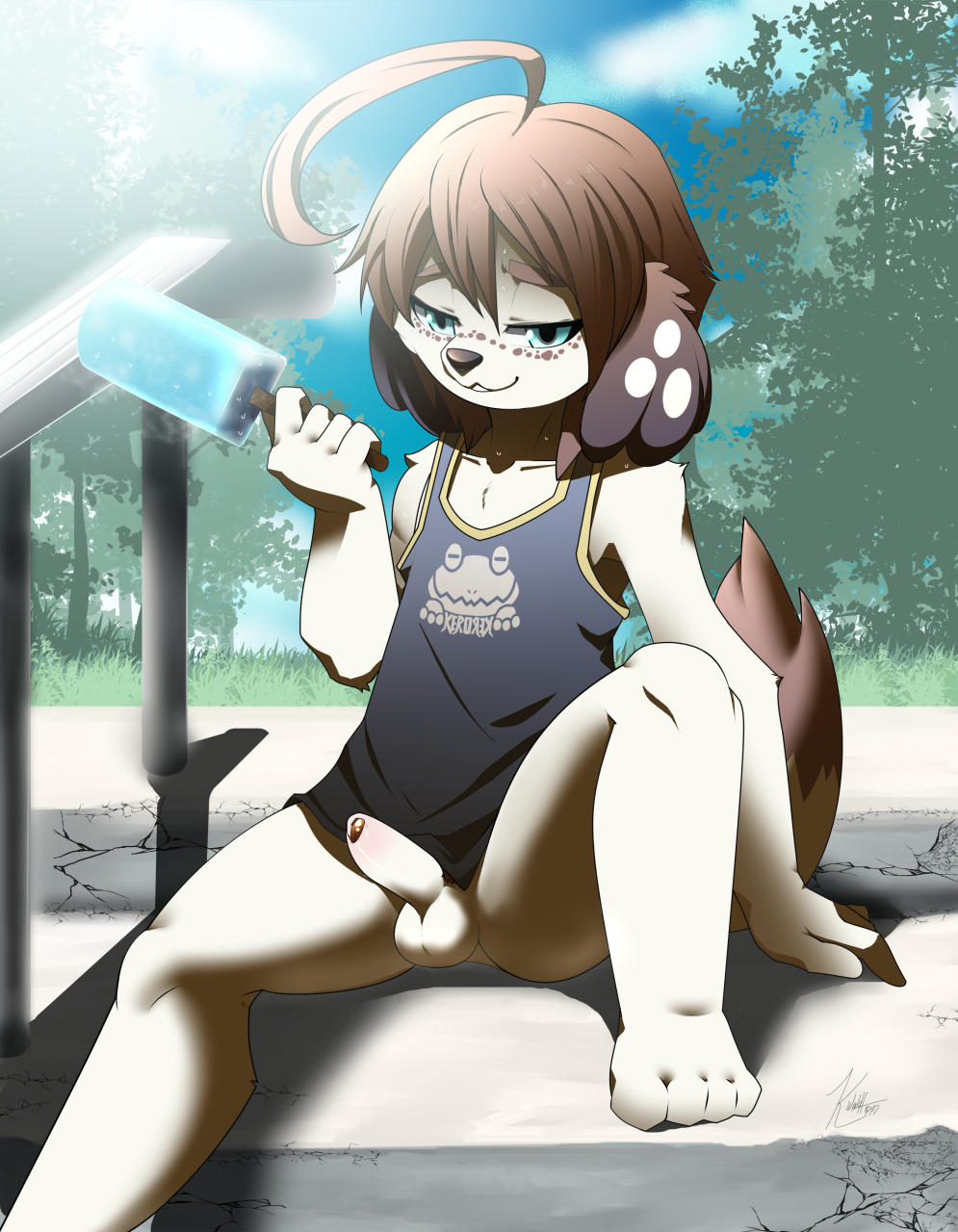 anthro balls bottomless brown_hair canine child clothed clothing cub dog erection foreskin hair kivwolf male mammal partially_retracted_foreskin penis shirt sitting solo tank_top uncut young