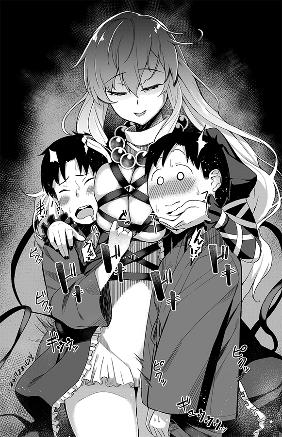2boys age_difference bangs beads blush breast_smother breasts closed_eyes closed_mouth commentary_request cowboy_shot dated dress drooling eyebrows_visible_through_hair gin_(ginshari) greyscale hair_between_eyes hand_on_another's_chin hand_on_another's_shoulder hijiri_byakuren juliet_sleeves large_breasts long_hair long_sleeves looking_at_another looking_at_viewer looking_down monochrome multiple_boys nose_blush o_o open_mouth prayer_beads puffy_sleeves sweat thigh_gap touhou