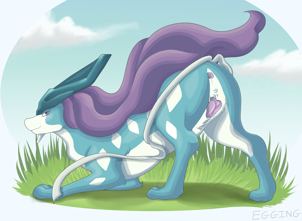 2017 anatomically_correct animal_genitalia blush butt digital_media_(artwork) egging_(artist) female feral fur legendary_pok&eacute;mon looking_back mammal nintendo pok&eacute;mon presenting presenting_hindquarters presenting_pussy pussy simple_background smile solo suicune video_games