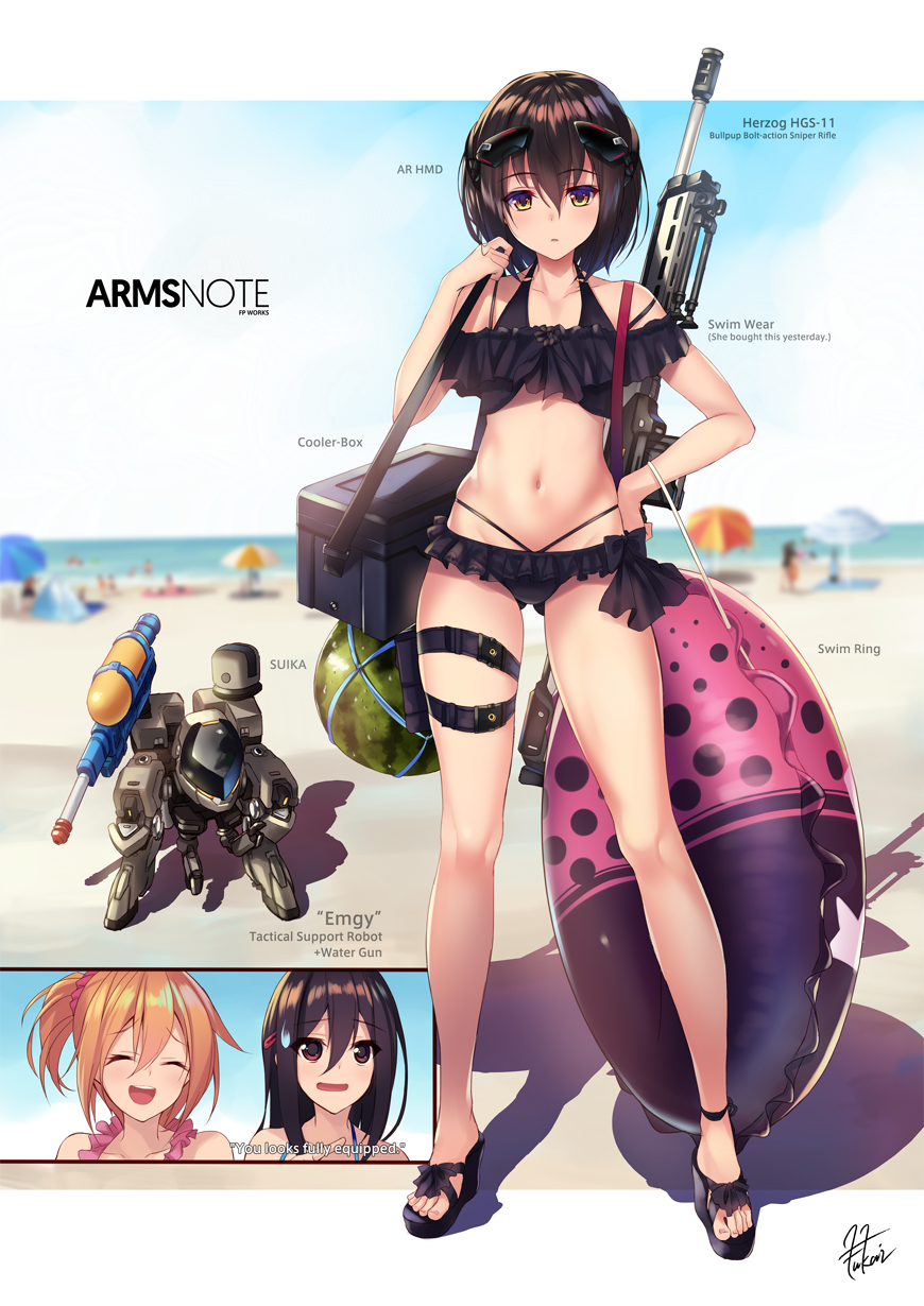 :d ^_^ arms_note ass_visible_through_thighs assault_rifle beach bikini bionic_joshikousei_(fukai_ryousuke) black_bikini blue_sky blurry bob_cut breasts closed_eyes cloud cloudy_sky commentary_request contrapposto copyright_name day depth_of_field engrish food fruit fukai_ryousuke full_body gun hair_between_eyes hair_ornament hairclip halterneck hand_on_hip headgear highres holster innertube long_range_joshikousei_(fukai_ryousuke) multi-strapped_bikini multiple_girls navel open_mouth orange_hair outdoors parted_lips ponytail ranguage red_eyes rifle robot sandals short_hair sky small_breasts smile standing sweatdrop swimsuit thigh_holster water_gun watermelon weapon wedge_heels yellow_eyes