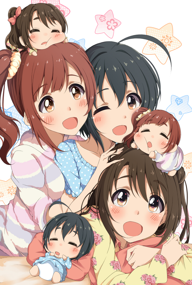 ahoge black_hair brown_eyes brown_hair hitotsuki_nanoka idolmaster idolmaster_cinderella_girls igarashi_kyouko kohinata_miho long_hair multiple_girls one_eye_closed one_side_up open_mouth pajamas pink_check_school puchimasu! shimamura_uzuki short_hair side_ponytail smile