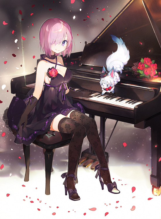 black_dress black_gloves black_legwear blush bouquet breasts cleavage dress fate/grand_order fate_(series) floral_print flower fou_(fate/grand_order) gloves grand_piano hair_over_one_eye high_heels instrument large_breasts looking_at_viewer mash_kyrielight namie-kun petals piano piano_bench pink_hair purple_eyes rose shoe_dangle short_hair sitting smile solo thighhighs zettai_ryouiki