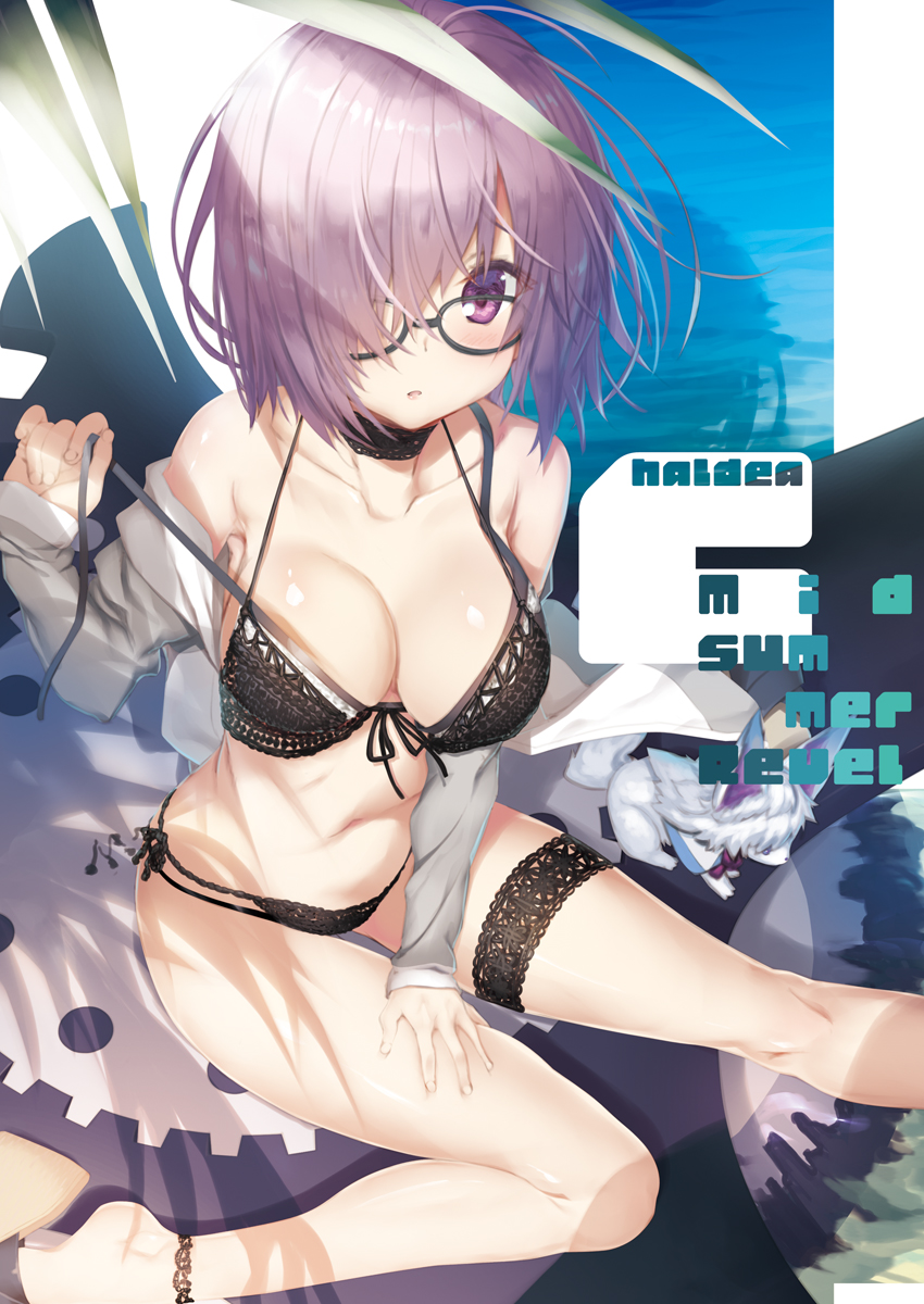 ankleband barefoot bikini black-framed_eyewear black_bikini breasts choker cleavage collarbone fate/grand_order fate_(series) folded_leg fou_(fate/grand_order) front-tie_bikini front-tie_top glasses hair_over_one_eye halter_top halterneck highres kagome_(traumatize) large_breasts layered_bikini leg_garter long_sleeves looking_at_viewer mash_kyrielight navel off_shoulder outdoors parted_lips purple_eyes purple_hair shield short_hair side-tie_bikini sitting sleeves_past_wrists solo strap_slip swimsuit swimsuit_under_swimsuit thigh_strap untied untied_bikini water