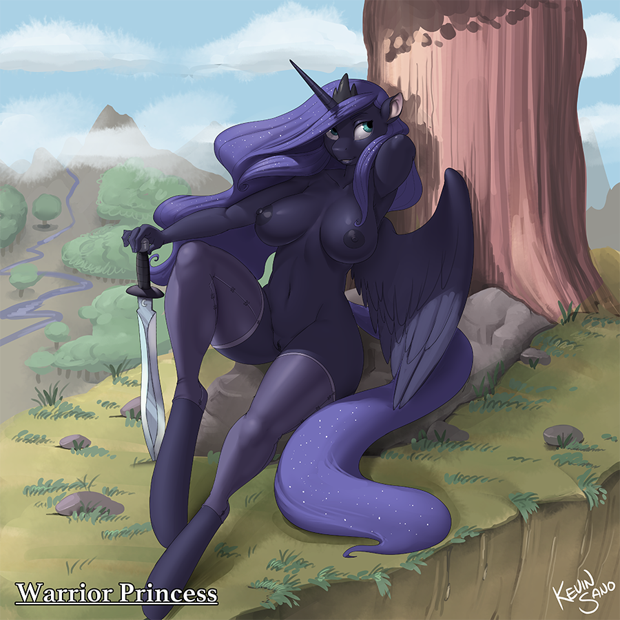 2017 anthro anthrofied areola blue_eyes blue_feathers blue_hair breasts clothing cloud english_text equine feathered_wings feathers female friendship_is_magic hair hooves horn kevinsano legwear long_hair mammal melee_weapon my_little_pony navel nipples outside princess_luna_(mlp) pussy rock sky solo sword text tree weapon winged_unicorn wings