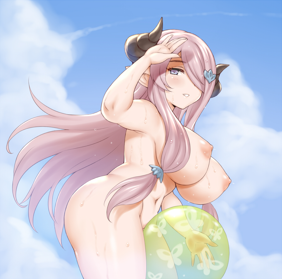 1girl areolae ball breasts cow_girl cow_horns doraf female granblue_fantasy hair_ornament hair_over_one_eye hairclip horns huge_breasts lang_(chikage36) long_hair narumeia_(granblue_fantasy) navel nipples nude outdoors perky_breasts pink_hair pointy_ears puffy_nipples purple_eyes sky solo standing summer sweat thighs