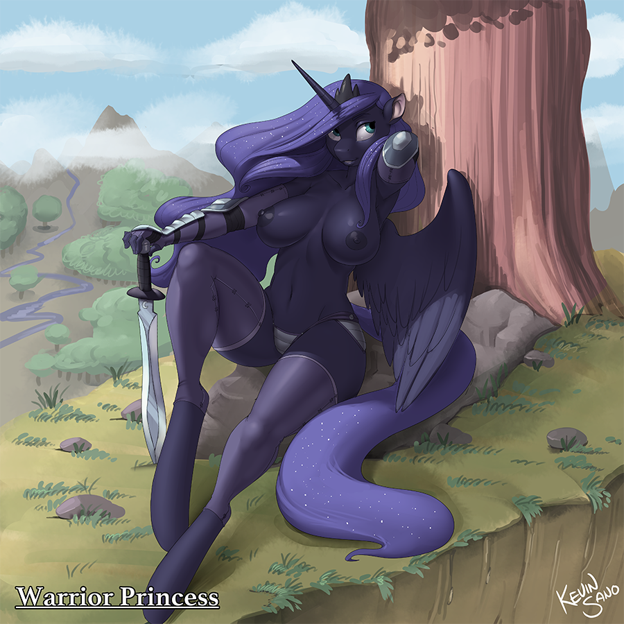 2017 anthro anthrofied areola armor blue_eyes blue_feathers blue_hair breasts clothing cloud english_text equine feathered_wings feathers female friendship_is_magic hair hooves horn kevinsano legwear long_hair mammal melee_weapon my_little_pony navel nipples outside panties princess_luna_(mlp) rock sky solo sword text tree underwear weapon winged_unicorn wings