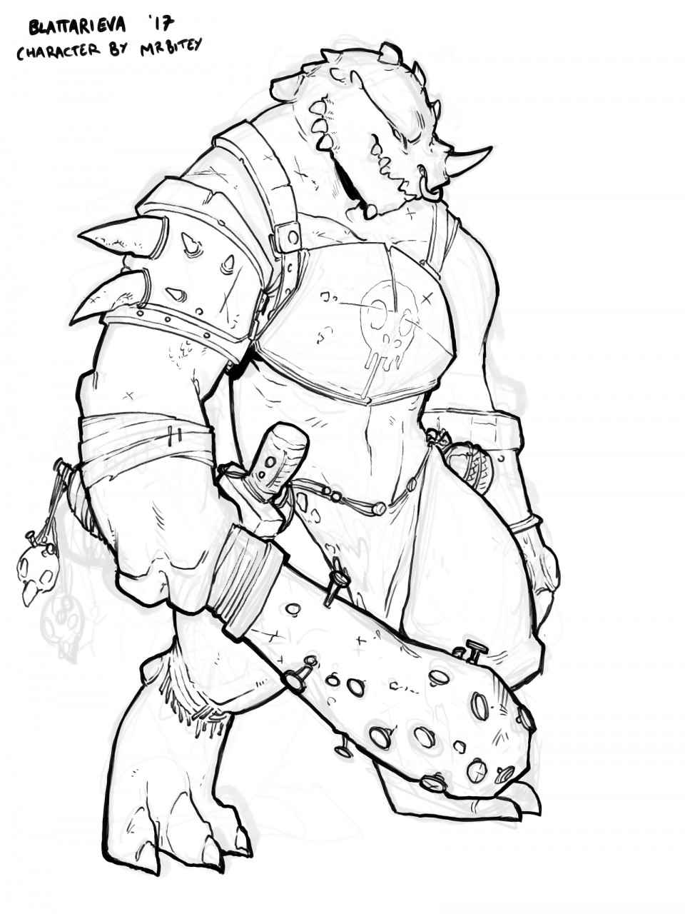 2017 3_fingers anthro armor blattarieva body_armor breastplate claws clothed clothing club_(weapon) digital_media_(artwork) facial_piercing grin horn lizard male melee_weapon nose_piercing nose_ring piercing reptile scales scalie scar septum_piercing shoulder_guards simple_background sketch smile solo unconvincing_armor weapon