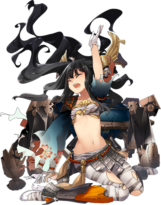 bangs black_hair blunt_bangs breasts closed_eyes flat_chest full_body garuku gloves hair_ornament long_hair midriff navel official_art open_mouth oshiro_project oshiro_project_re pantyhose pleated_skirt shigisan_(oshiro_project) skirt torn_clothes torn_legwear transparent_background underboob wavy_hair white_gloves