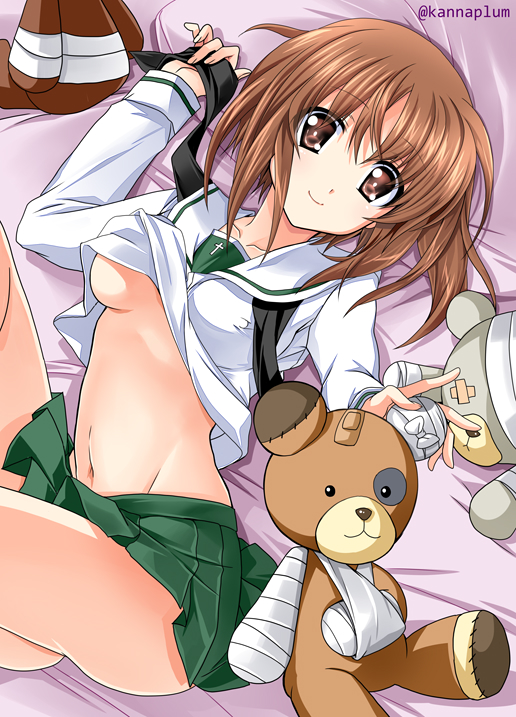 ass black_neckwear boko_(girls_und_panzer) breasts brown_eyes brown_hair girls_und_panzer green_skirt kanna_(plum) long_sleeves looking_at_viewer lying medium_breasts miniskirt navel neckerchief nishizumi_miho no_bra on_back ooarai_school_uniform pleated_skirt school_uniform shirt_lift short_hair skirt smile solo stuffed_animal stuffed_toy teddy_bear twitter_username underboob