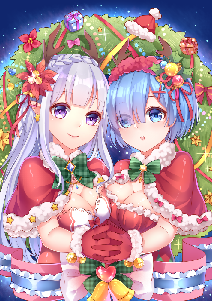 bell blue_eyes blue_hair blush breast_press breasts chuor_(chuochuoi) cleavage closed_mouth emilia_(re:zero) gift gloves hair_ornament hat hat_removed headwear_removed heart holding_hands large_breasts looking_at_viewer multiple_girls parted_lips purple_eyes re:zero_kara_hajimeru_isekai_seikatsu red_gloves red_hat rem_(re:zero) santa_hat smile symmetrical_docking white_hair x_hair_ornament
