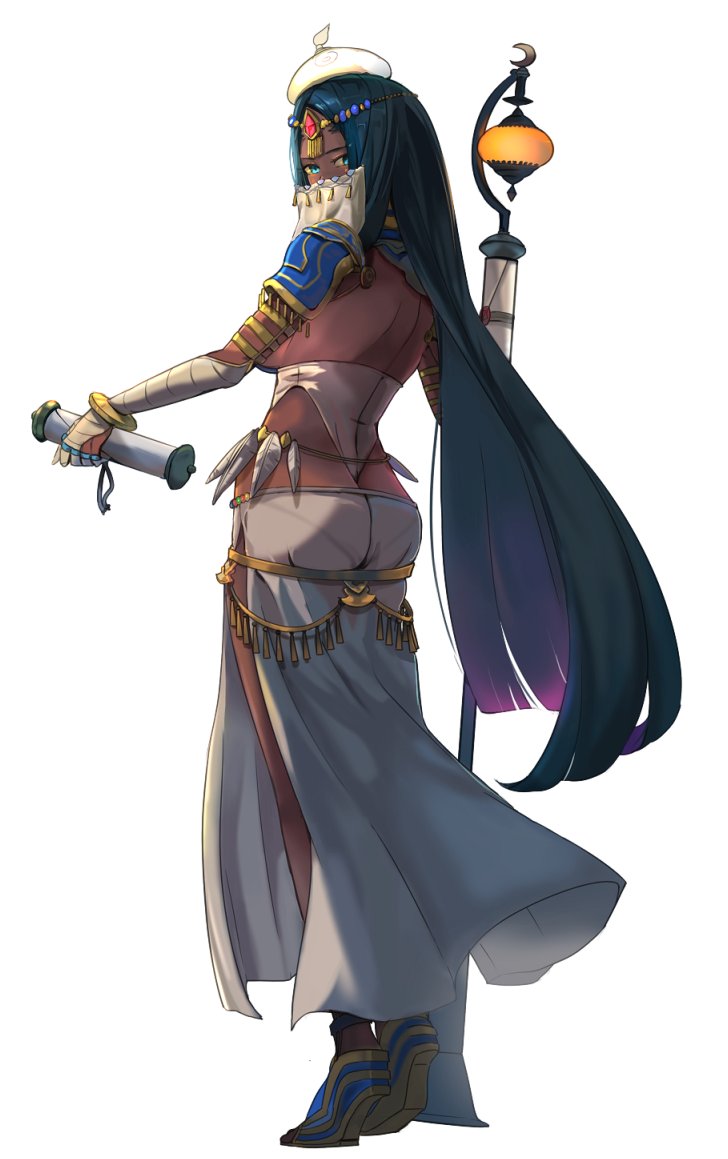 arabian_clothes bandaged_arm bandages black_hair blue_eyes breasts circlet dark_skin fate/grand_order fate_(series) forehead_jewel full_body hsin jewelry large_breasts long_hair looking_at_viewer pelvic_curtain revealing_clothes scheherazade_(fate/grand_order) scroll solo standing veil very_long_hair