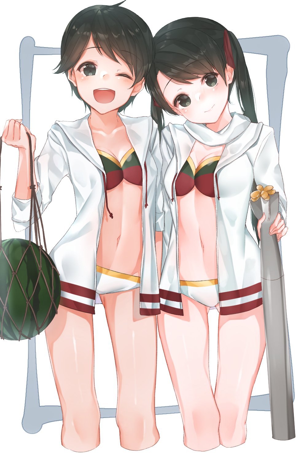 ;d asymmetrical_bikini bikini black_eyes black_hair cowboy_shot food fruit hair_ribbon highres hood hoodie inorin05kanae jacket kantai_collection long_hair looking_at_viewer mikuma_(kantai_collection) mismatched_bikini mogami_(kantai_collection) multicolored_bikini_top multiple_girls one_eye_closed open_mouth red_ribbon ribbon scarf short_hair smile swimsuit torpedo twintails upper_body watermelon white_bikini_bottom white_jacket