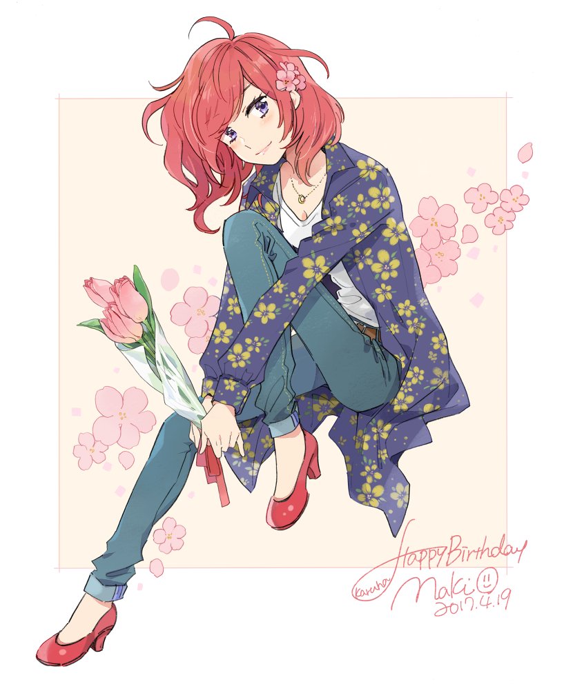 ahoge artist_name bouquet breasts character_name cleavage dated denim floral_background floral_print flower hair_flower hair_ornament happy_birthday high_heels holding holding_bouquet jacket jeans jewelry karuha knee_up long_sleeves looking_at_viewer love_live! love_live!_school_idol_project necklace nishikino_maki pants print_jacket purple_eyes red_footwear red_hair shirt shoes short_hair small_breasts smile solo white_shirt