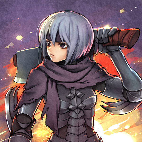 armor axe berka_(fire_emblem_if) black_eyes blue_hair fire fire_emblem fire_emblem_if gauntlets gloves headband holding holding_weapon solo uboar upper_body weapon