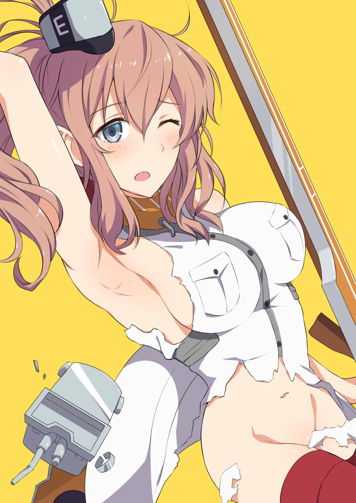 ;o arm_up armpits bare_shoulders blue_eyes blush border bottomless breast_pocket breasts brown_hair buttons collar cowboy_shot eyebrows_visible_through_hair flight_deck grey_hat groin hair_between_eyes jacket kanden_suki kantai_collection long_hair looking_at_viewer machinery medium_breasts navel one_eye_closed one_side_up open_mouth outside_border pocket red_legwear saratoga_(kantai_collection) scan shiny shiny_skin sideboob simple_background sleeveless solo stomach thighhighs torn_jacket white_border white_jacket yellow_background