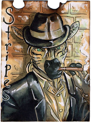 2012 anthro black_clothing black_fur black_stripes black_topwear brown_hat bust_portrait character_name cigar clothed clothing dress_shirt equine front_view fur gangster green_eyes hat low_res male mammal multicolored_fur name_badge portrait redcoatcat shirt smoke smoking solo striped_fur stripes stripes_(character) suit traditional_media_(artwork) two_tone_fur white_clothing white_fur white_shirt white_topwear zebra