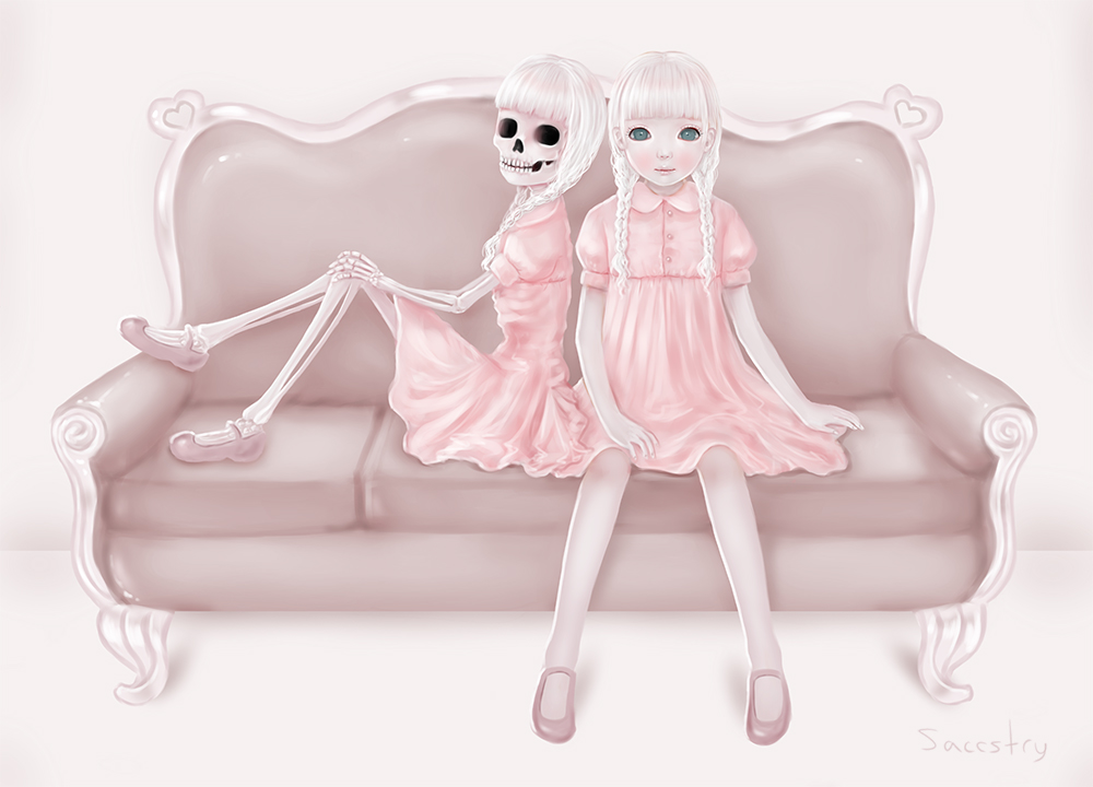 braid couch dress dual_persona empty_eyes green_eyes original pale_skin pink_dress saccstry sitting skeleton staring twin_braids