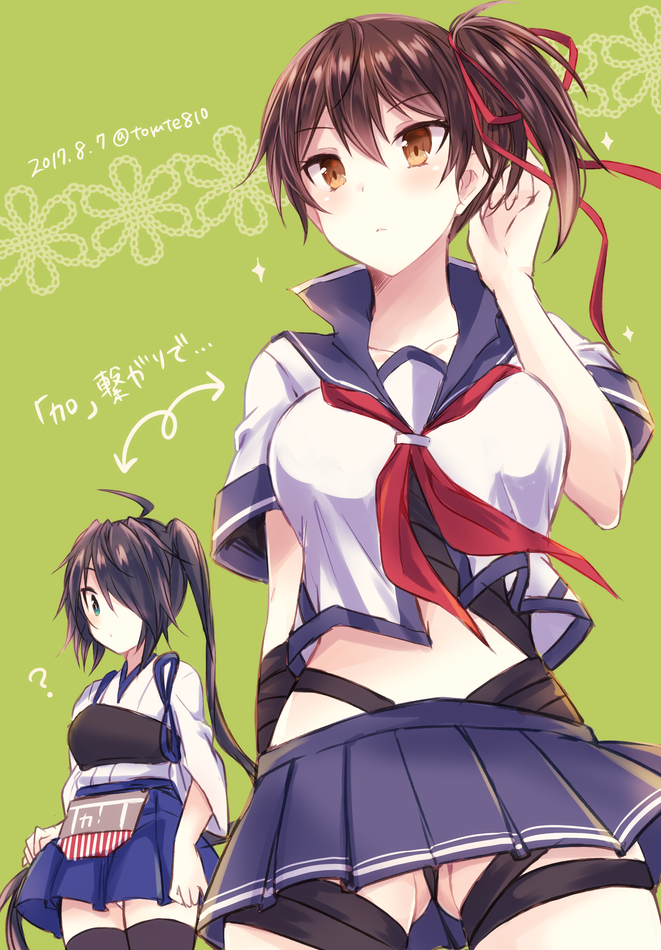2girls ? ahoge alternate_costume ass_visible_through_thighs bangs black_hair blue_eyes blush breasts brown_eyes brown_hair commentary_request cosplay costume_switch dated hair_ornament hair_over_one_eye hairclip japanese_clothes kabocha_torute kaga_(kantai_collection) kaga_(kantai_collection)_(cosplay) kako_(kantai_collection) kako_(kantai_collection)_(cosplay) kantai_collection kerchief long_hair medium_breasts messy_hair midriff multiple_girls muneate open_mouth parted_bangs pleated_skirt ponytail school_uniform serafuku short_hair side_ponytail skirt sparkle thighhighs translated twitter_username