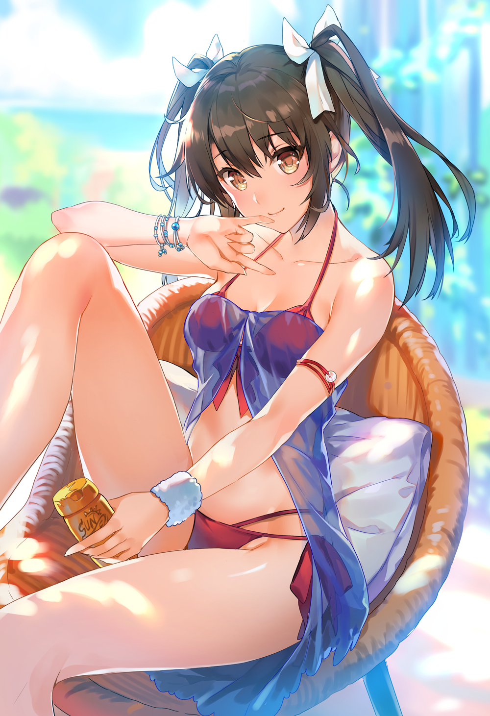 \m/ armband bangs beach bikini blurry blush bow bracelet breasts brown_hair chair cleavage closed_mouth collarbone commentary_request day depth_of_field eyebrows_visible_through_hair front-tie_bikini front-tie_top hair_between_eyes hair_bow halterneck hand_to_own_mouth highres holding jewelry kantai_collection knee_up leg_up light_smile long_hair looking_at_viewer lotion medium_breasts multi-strapped_bikini outdoors pillow pinky_out red_bikini see-through side-tie_bikini sidelocks sitting small_breasts smile solo sunscreen swimsuit thighs tousaki_umiko tsurime white_bow wristband yellow_eyes zuikaku_(kantai_collection)