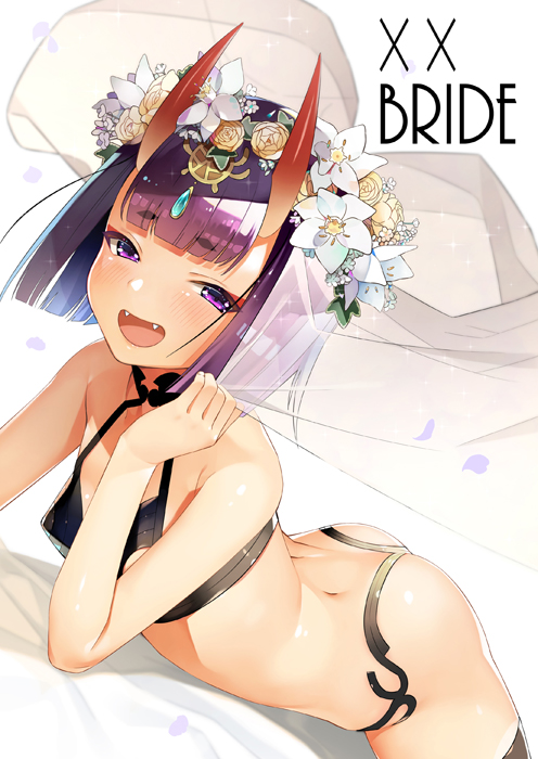 :d apple_inc. arm_at_side ass bangs bare_shoulders blunt_bangs blush breasts bridal_veil choker collarbone commentary_request eyebrows eyebrows_visible_through_hair eyeshadow fangs fate/grand_order fate_(series) fingernails flower gem hair_flower hair_ornament hand_up headpiece horns jewelry kaikodou_kana looking_at_viewer lying makeup mascara on_stomach oni oni_horns open_mouth petals purple_eyes purple_hair revealing_clothes sapphire_(stone) short_eyebrows short_hair shuten_douji_(fate/grand_order) small_breasts smile solo teeth the_pose thick_eyebrows thighhighs tsurime veil
