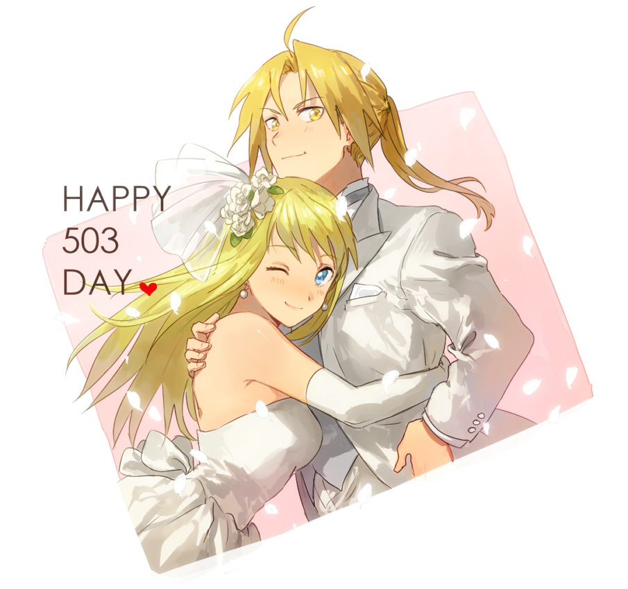 1girl ;) ahoge blonde_hair blue_eyes bridal_veil couple dress edward_elric elbow_gloves eyebrows_visible_through_hair flower formal fullmetal_alchemist gloves hand_on_another's_shoulder hands_on_another's_hips heart hetero hug long_hair looking_at_viewer number one_eye_closed pearl_earrings petals pink_background ponytail riru rose simple_background smile suit veil wedding_dress white_background winry_rockbell yellow_eyes