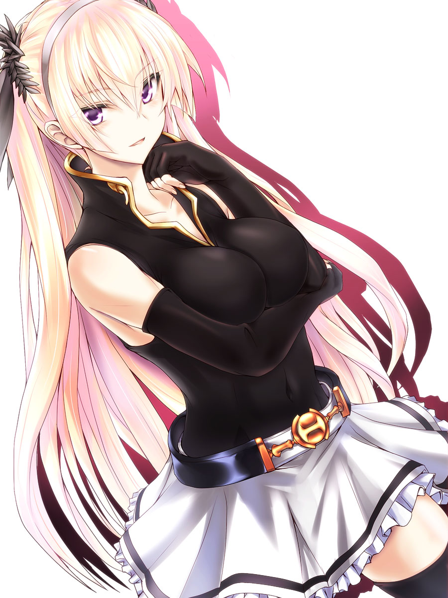 altair_(sennen_sensou_aigis) belt black_legwear blonde_hair breast_hold breasts commentary covered_navel fingerless_gloves frilled_skirt frills gloves hairband highres large_breasts long_hair looking_at_viewer parted_lips purple_eyes sennen_sensou_aigis silve simple_background skirt solo thighhighs very_long_hair white_background white_skirt zettai_ryouiki
