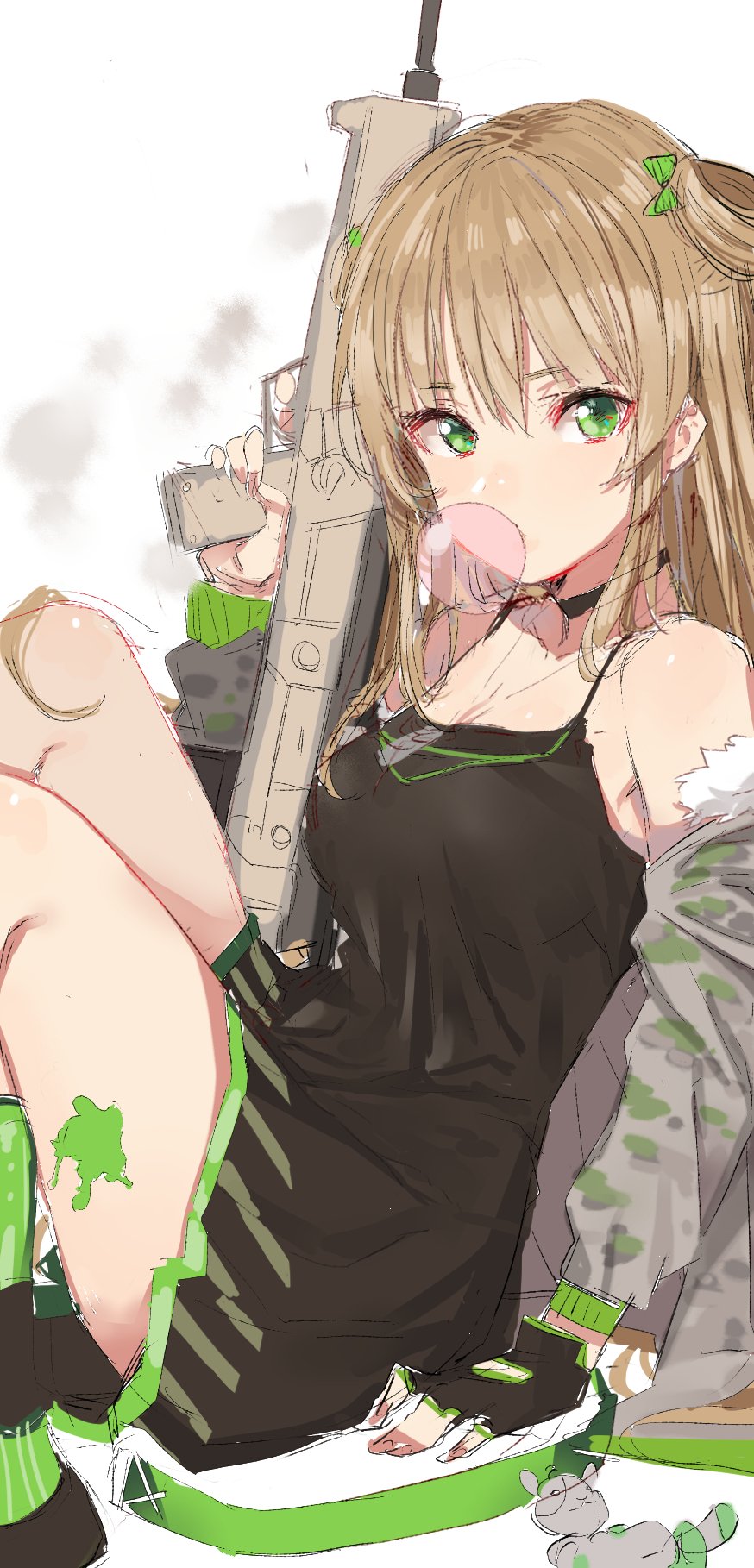 assault_rifle bangs black_dress black_gloves black_legwear bow brown_hair bubble_blowing bullpup camisole chewing_gum commentary_request dress eyebrows_visible_through_hair finger_on_trigger fingerless_gloves girls_frontline gloves green_bow green_eyes green_legwear gun hair_between_eyes hair_bow highres holding holding_gun holding_weapon kel-tec_rfb kneehighs long_hair pinch_(nesume) rfb_(girls_frontline) rifle sketch solo striped striped_legwear two_side_up weapon