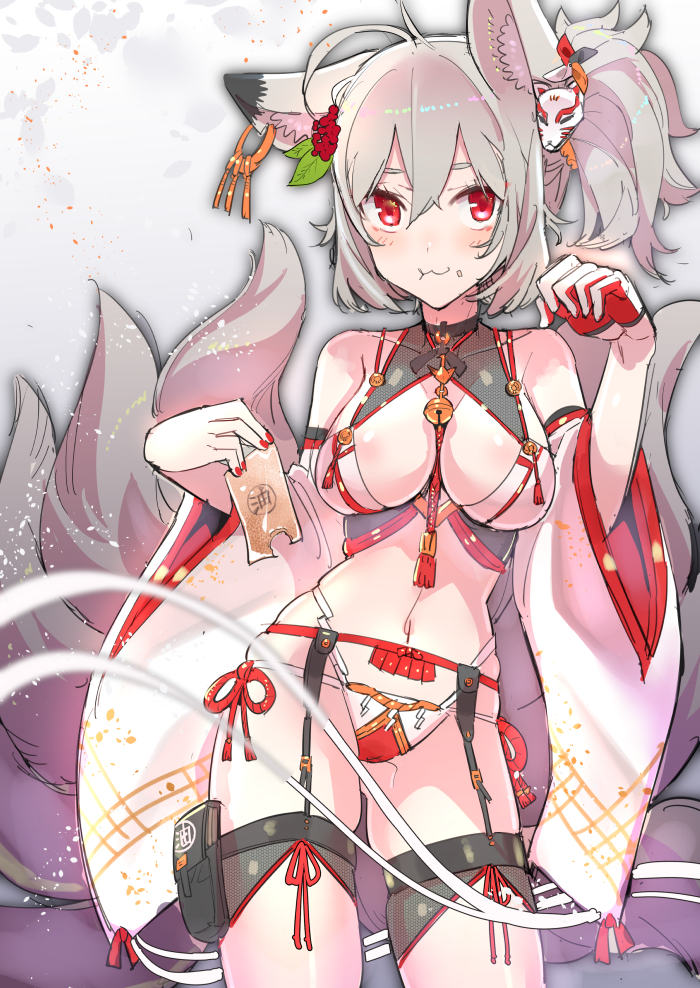 :3 aburaage ahoge animal_ears bangs blush breasts closed_mouth commentary_request detached_sleeves earrings eating food food_on_face fox_ears fox_hair_ornament fox_tail garter_straps gloves grey_hair hair_between_eyes hair_ornament half_gloves hands_up highleg highleg_panties holding holding_food holster jewelry kyuubi long_hair looking_at_viewer medium_breasts midriff multiple_tails nail_polish navel original panties red_eyes red_nails revealing_clothes side_ponytail sidelocks single_glove solo tail tajima_ryuushi thigh_holster thighhighs thighs tofu underwear white_gloves white_legwear white_panties wide_sleeves