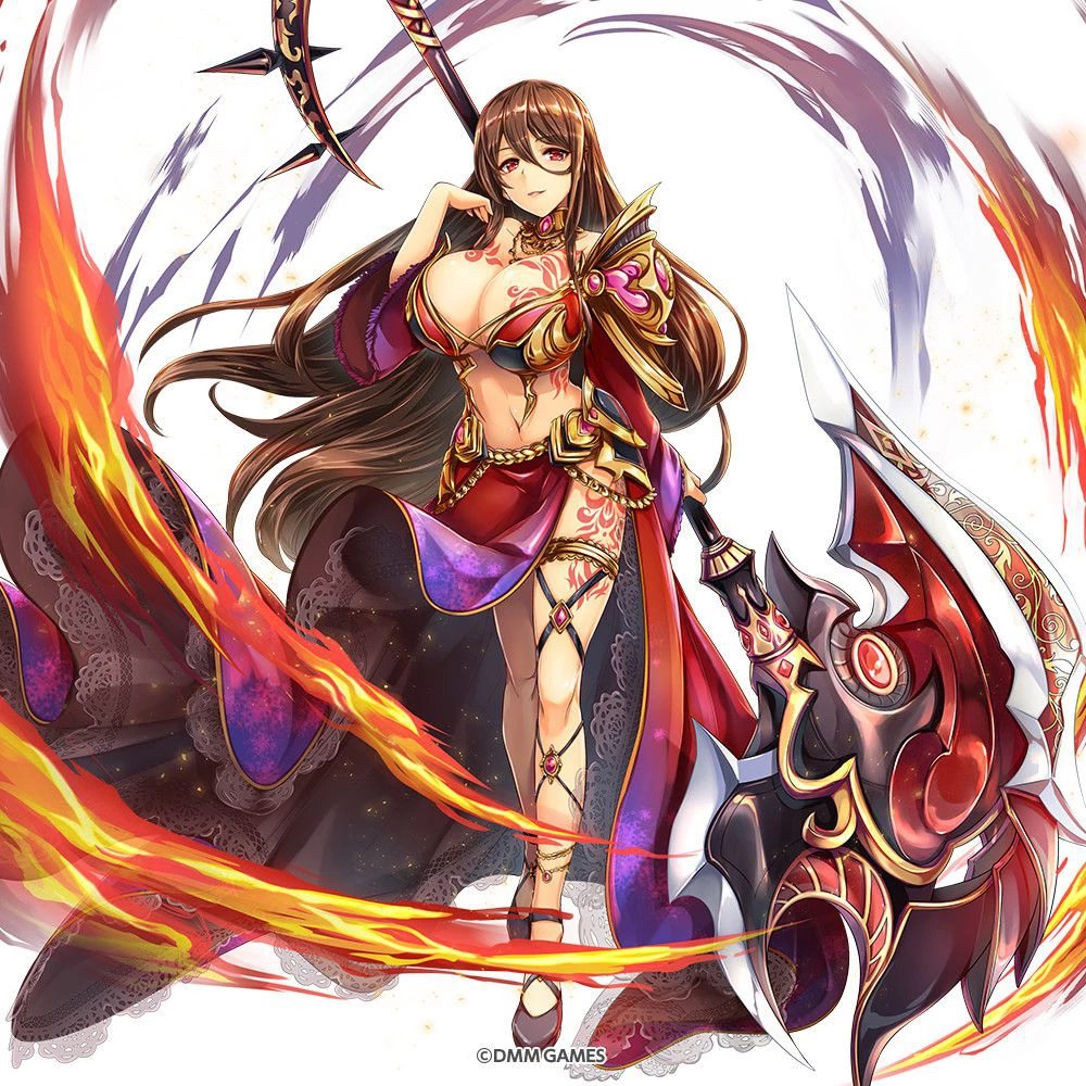 argos_(kami_project) armor axe bikini_armor breast_tattoo breasts brown_hair choker cleavage cross-laced_footwear detached_sleeves dmm dress fire garter_straps gem hair_blowing hip_armor holding holding_axe huge_breasts huge_weapon jewelry kami_project long_dress long_hair looking_at_viewer magic navel necklace official_art ornate_armor ornate_weapon red_eyes shoulder_armor side_slit solo spaulders tattoo very_long_hair weapon