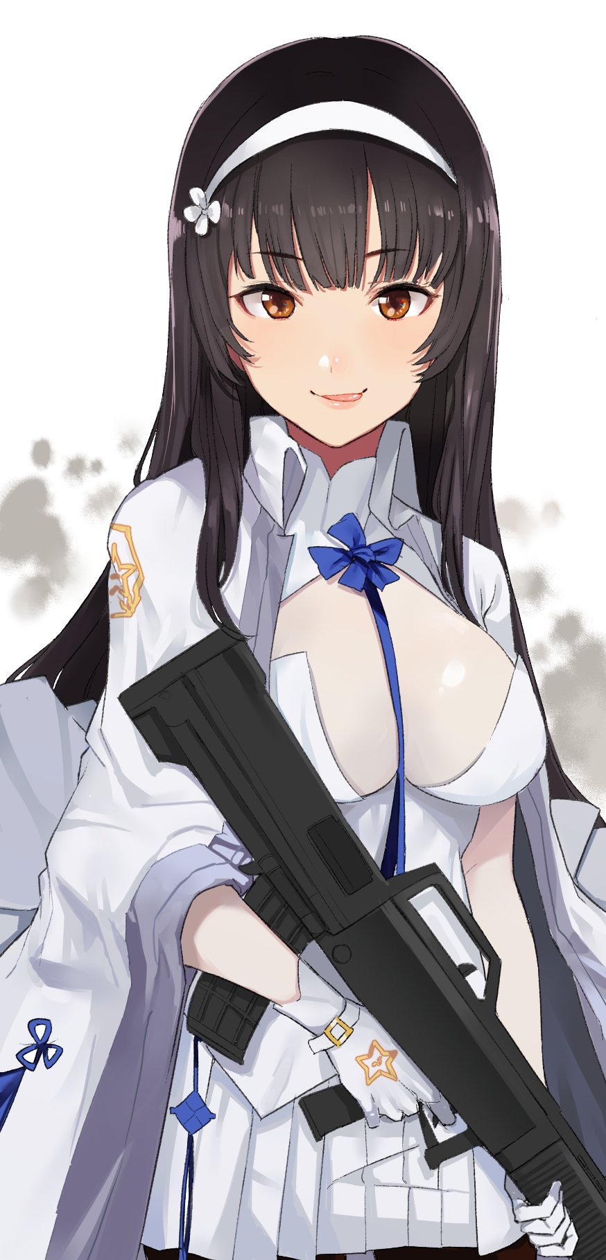 :q assault_rifle bangs black_hair brown_eyes bullpup closed_mouth commentary_request eyebrows_visible_through_hair finger_on_trigger girls_frontline gloves gun hairband highres holding holding_gun holding_weapon jacket_on_shoulders licking_lips long_hair looking_at_viewer pinch_(nesume) pleated_skirt qbz-95 qbz-95_(girls_frontline) rifle skirt smile solo tongue tongue_out weapon white_gloves white_skirt