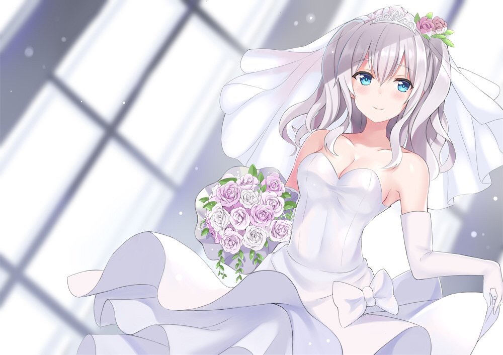bare_shoulders blue_eyes blush bouquet breasts bridal_veil bride cleavage commentary_request dress elbow_gloves flower gloves hair_flower hair_ornament jewelry kantai_collection kashima_(kantai_collection) long_hair looking_at_viewer medium_breasts nagiha_kuten sidelocks silver_hair smile solo strapless strapless_dress tiara tsurime twintails veil wavy_hair wedding_dress white_dress white_gloves
