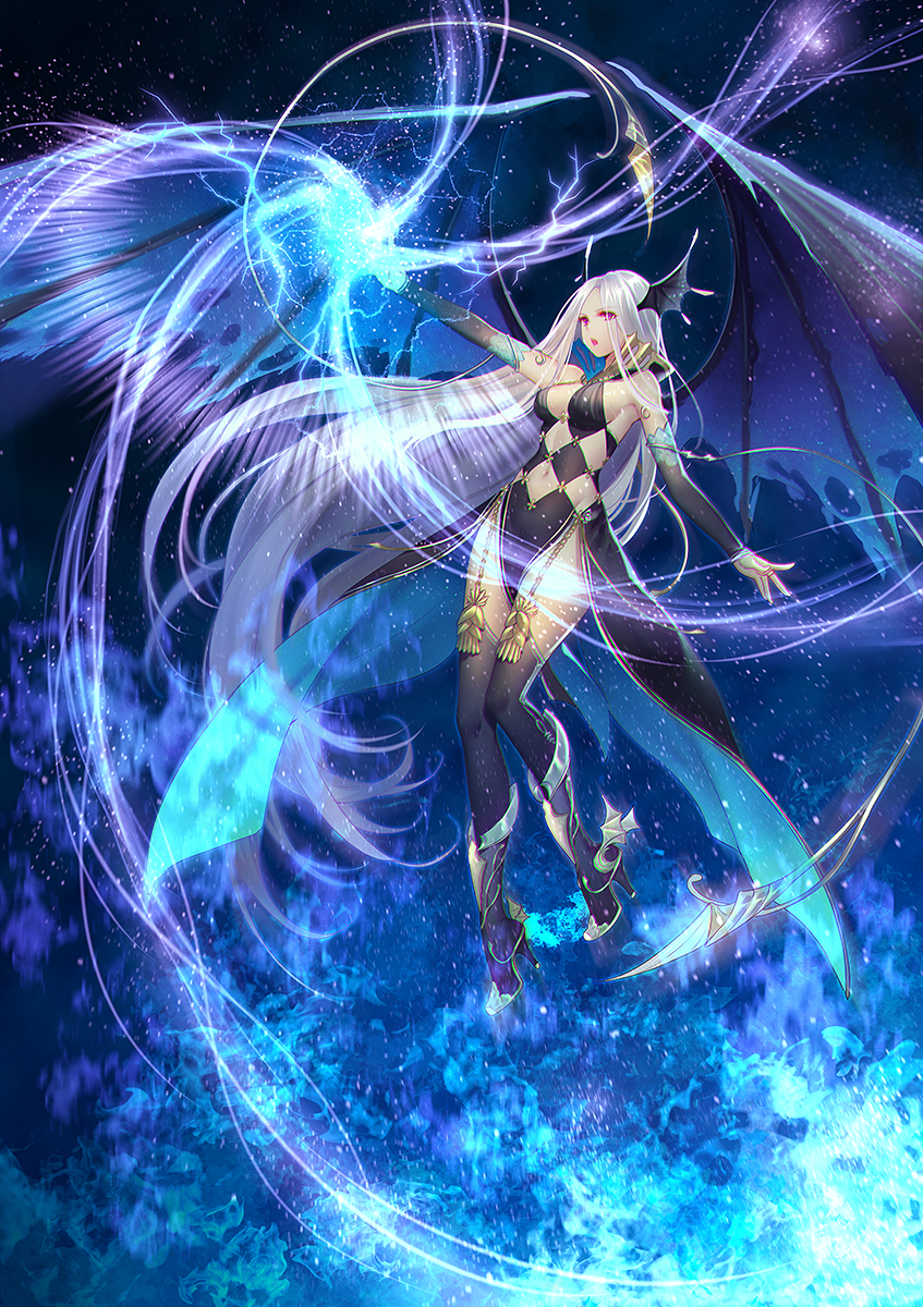 arm_up bible_bullet black_legwear black_wings blue_wings boots breasts demon_wings detached_sleeves floating_hair full_body garter_straps head_wings high_heel_boots high_heels highres knee_boots lightning long_hair looking_at_viewer medium_breasts navel nidhogg_(bible_bullet) official_art open_mouth over-kneehighs pelvic_curtain purple_eyes revealing_clothes sidelocks silver_hair solo thighhighs tidsean tsurime very_long_hair wings