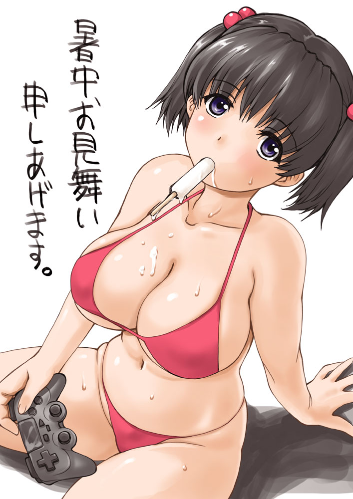 arm_support bikini black_eyes black_hair breasts controller food food_in_mouth game_controller hair_bobbles hair_ornament ishida_masayuki large_breasts looking_at_viewer mouth_hold navel original popsicle red_bikini shochuumimai short_hair simple_background sitting solo swimsuit twintails white_background