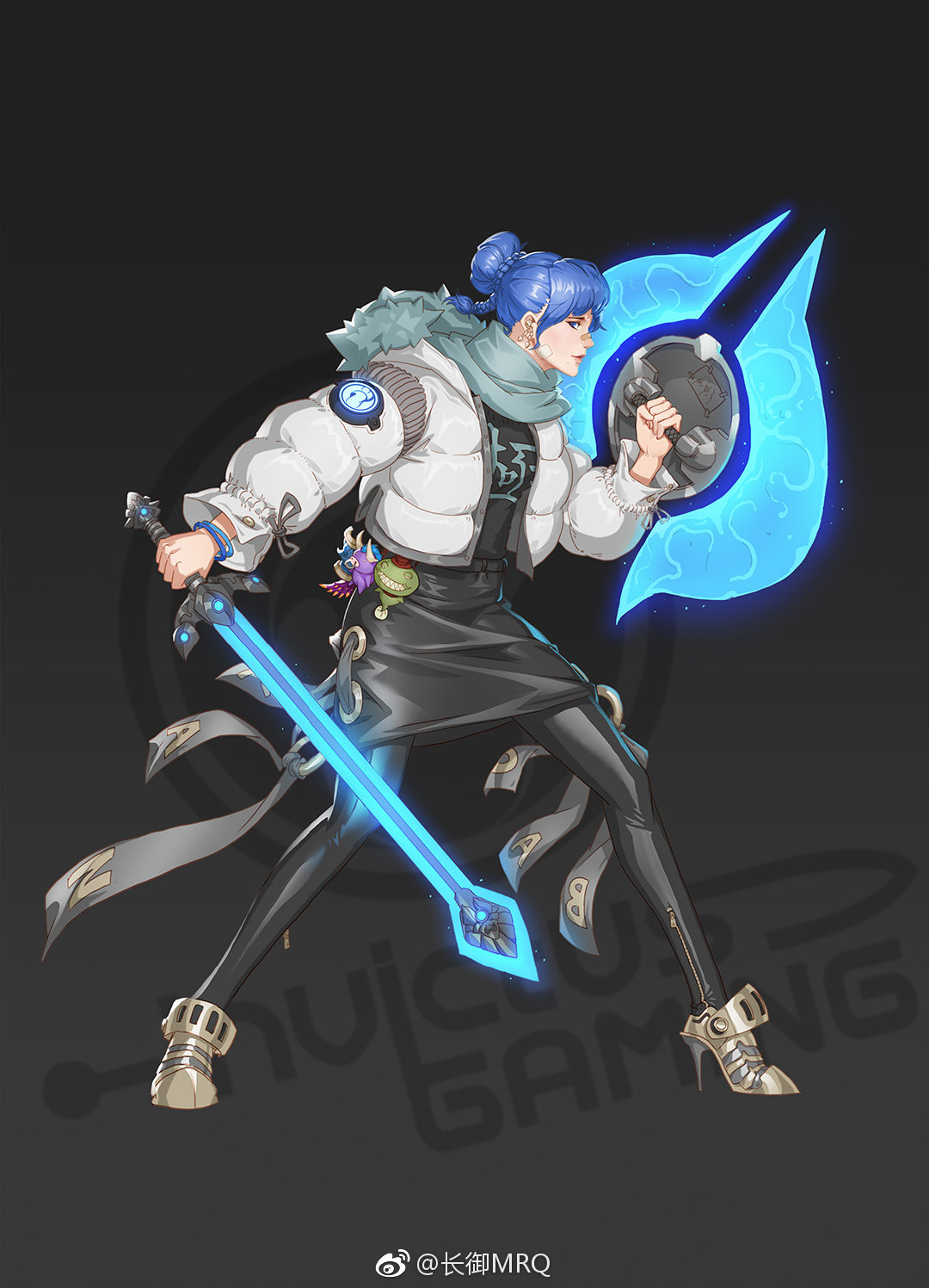 alistar_(league_of_legends) artist_name bandages baolan_(gamer) blue_hair character_name earrings high_heels highres invictus_gaming jacket jewelry league_of_legends league_of_legends_world_championship leona_(league_of_legends) mrq pantyhose shield skirt sword tahm_kench tassel weapon