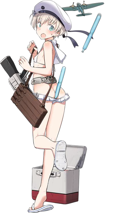 :o adapted_turret ahoge aircraft airplane anchor aqua_eyes ass bag bangs belt beret between_buttocks bikini bikini_pull bikini_skirt black_ribbon blush bow butt_crack character_name clothes_writing cooler d: dropping embarrassed eyebrows_visible_through_hair flat_chest from_side full_body gun hat hat_bow hat_ribbon he_111 holding horizontal_stripes kantai_collection kneepits leg_lift leg_up legs looking_back machinery military_hat motion_blur official_art open_mouth ribbon sailor_bikini sailor_collar sailor_hat sandals shimada_fumikane short_hair shoulder_bag smiley_face solo standing standing_on_one_leg striped striped_bow surprised sweatdrop swimsuit tiptoes transparent_background tupet weapon white_bikini white_bow white_hair white_hat white_sailor_collar wide-eyed z1_leberecht_maass_(kantai_collection)