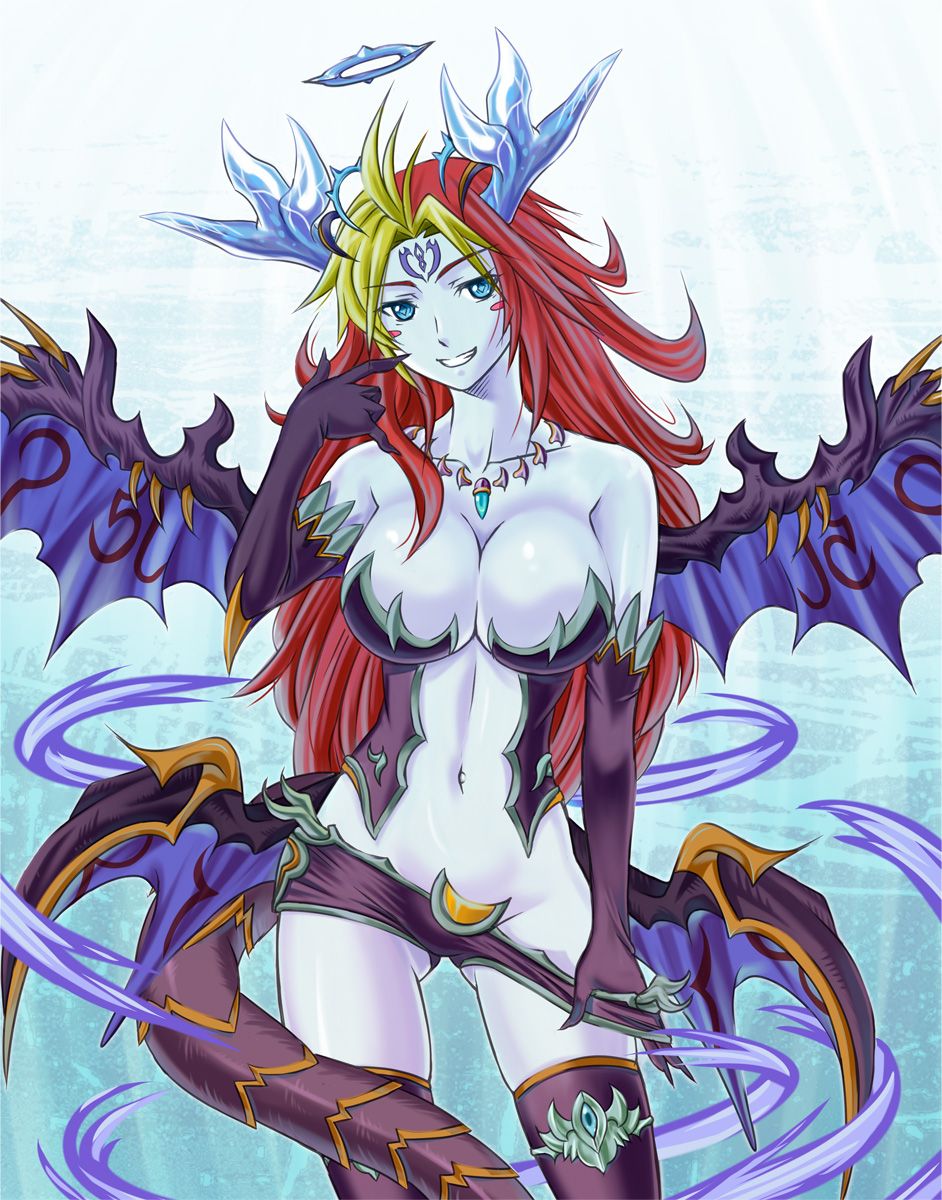 ass_visible_through_thighs bare_shoulders black_gloves black_legwear blonde_hair blue_eyes blue_skin breasts cleavage collarbone commentary_request cowboy_shot demon_girl demon_horns demon_wings elbow_gloves facial_mark forehead_mark gloves grin groin halo hera_(p&amp;d) highres horns jewelry large_breasts looking_at_viewer low_wings multicolored_hair multiple_wings navel pendant pulled_by_self puzzle_&amp;_dragons red_hair revealing_clothes short_shorts shorts shorts_pull smile solo stomach tail thighhighs tonbidou two-tone_hair wavy_hair wings