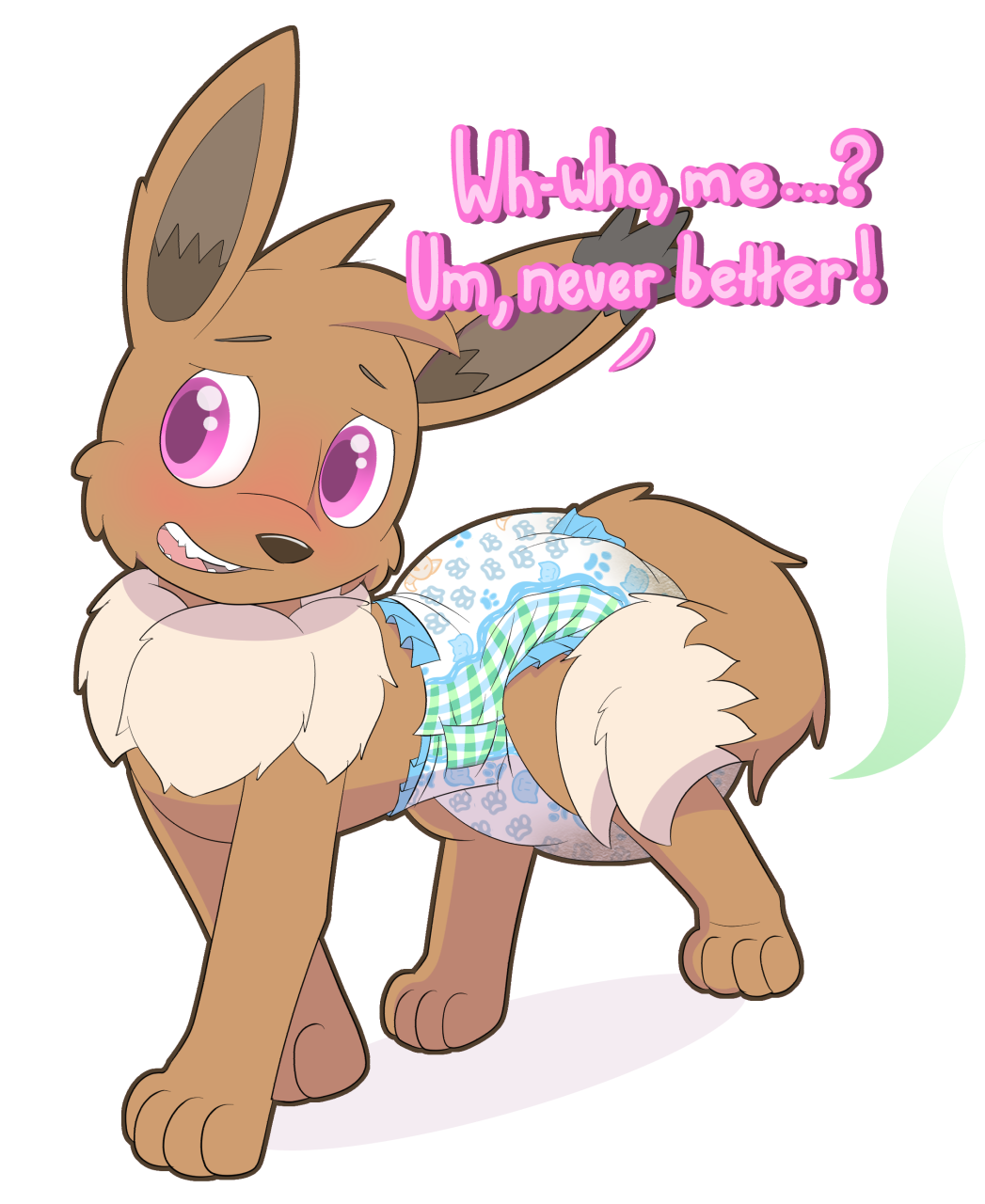 ambiguous_gender blush brown_fur canine dialogue diaper eevee english_text feces feral fur mammal messy_diaper nintendo pok&eacute;mon purle_eyes rasile scat simple_background solo text video_games white_background
