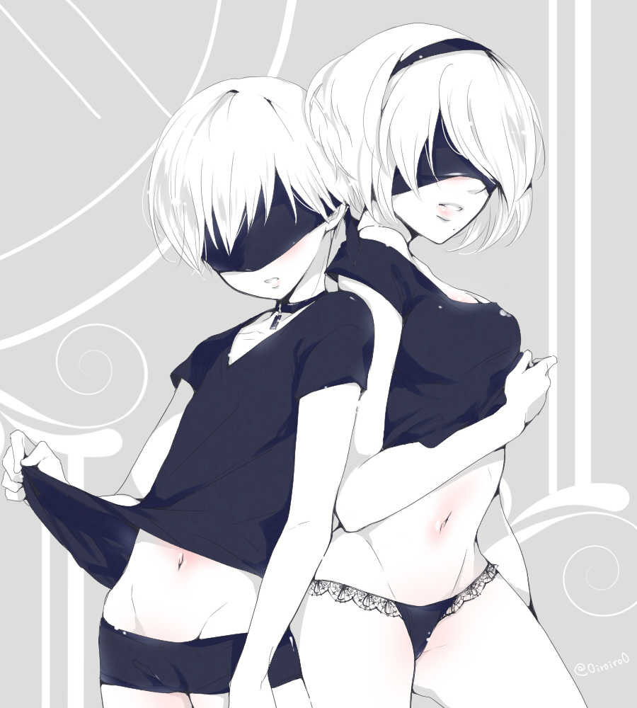 1girl blindfold choker commentary_request cowboy_shot hairband iroiro_(0iroiro0) lace lace-trimmed_panties lifted_by_self midriff mole mole_under_mouth navel nier_(series) nier_automata panties parted_lips shirt shirt_lift short_hair short_shorts short_sleeves shorts spot_color t-shirt underwear yorha_no._2_type_b yorha_no._9_type_s