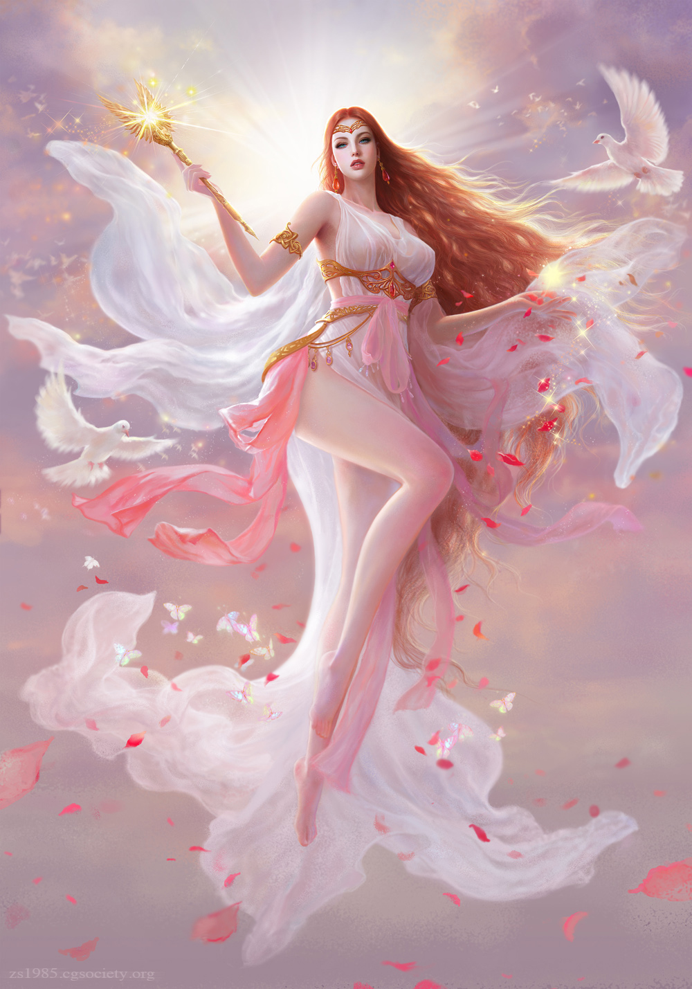 armlet bare_legs bare_shoulders barefoot bird blue_eyes breasts brown_hair cloud dove dress earrings fingernails flying gem highres holding jewelry large_breasts leg_up light light_rays long_hair looking_at_viewer magic original outdoors parted_lips petals realistic red_ribbon ribbon ruoxin_zhang scepter see-through sleeveless sleeveless_dress solo sun tiara very_long_hair watermark wavy_hair web_address white_dress