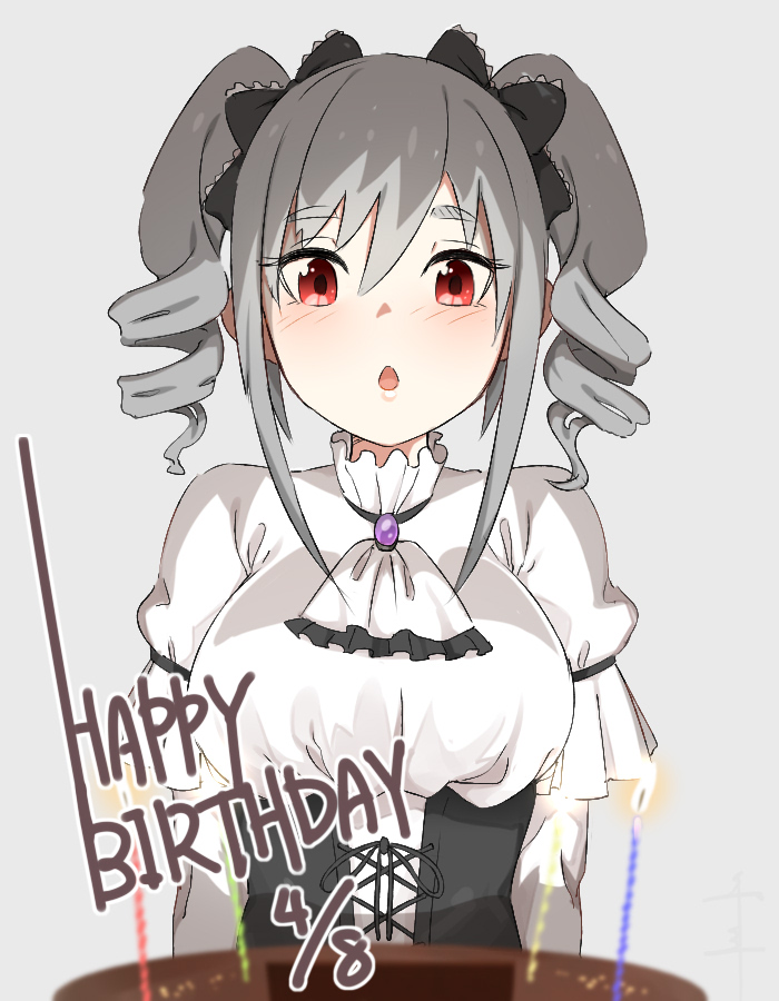 :o bangs birthday_cake blurry_foreground blush breasts cake candle commentary_request corset dated dress drill_hair eyebrows_visible_through_hair fire flame food gem grey_background grey_hair hair_ribbon happy_birthday idolmaster idolmaster_cinderella_girls kanzaki_ranko large_breasts looking_down open_mouth puffy_sleeves red_eyes ribbon senju_(snz0) short_sleeves simple_background solo twin_drills upper_body white_dress