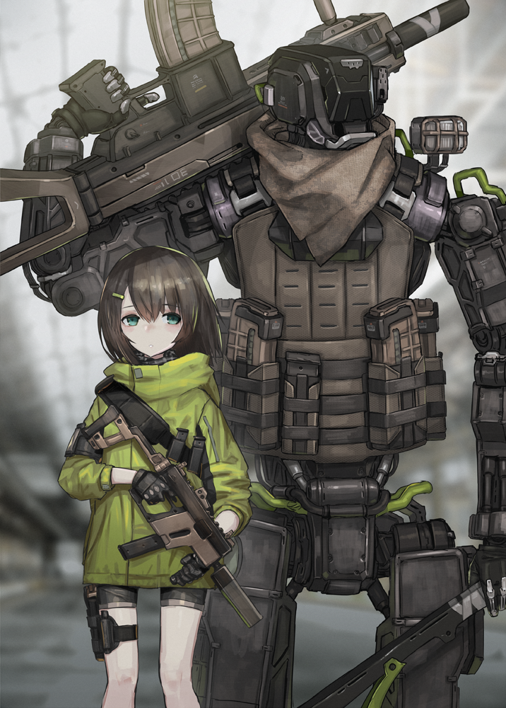 2d assault_rifle bangs bike_shorts black_hair closed_mouth commentary eyebrows_visible_through_hair green_eyes green_jacket gun hair_between_eyes hair_ornament hairclip holding holding_gun holding_weapon holster jacket kriss_vector load_bearing_vest looking_to_the_side magazine_(weapon) mecha original rifle robot solo standing submachine_gun suppressor thigh_holster trigger_discipline vertical_foregrip weapon