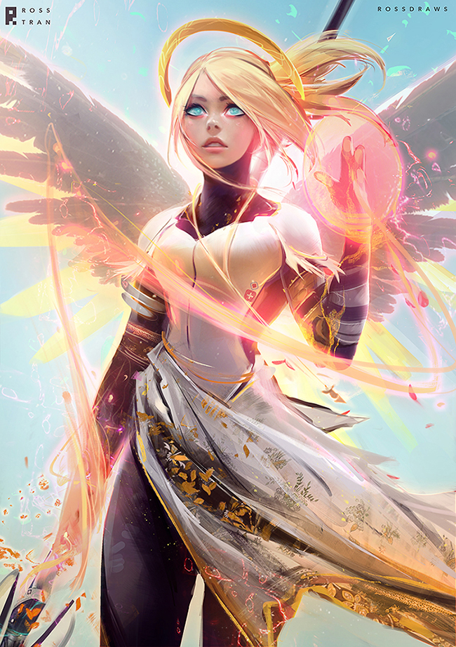 adapted_costume alternate_wings aqua_eyes armor bangs black_legwear blonde_hair breastplate commentary fantasy feathered_wings holding holding_staff lips long_skirt looking_up magic making_of mechanical_halo mercy_(overwatch) overwatch pantyhose ross_tran skirt solo staff swept_bangs white_wings wings