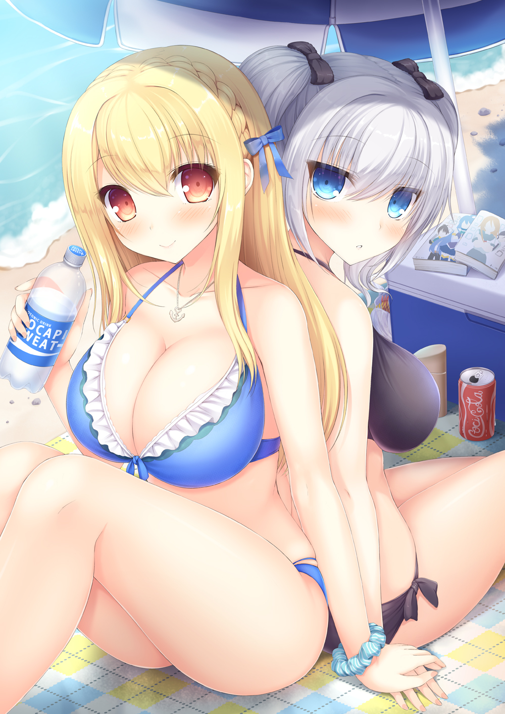 back-to-back bangs beach bikini black_bikini black_bow blonde_hair blue_eyes blue_scrunchie blush bow braid breasts brown_eyes can cleavage closed_mouth coca-cola collarbone commentary_request cooler day eyebrows_visible_through_hair hair_between_eyes hair_bow hand_up highres holding holding_hands jitome knees_up large_breasts long_hair looking_at_viewer manga_(object) multiple_girls original outdoors parted_lips pocari_sweat scrunchie sidelocks sitting smile soda_can swimsuit taiki_ken tareme towel tsurime twintails umbrella wrist_scrunchie