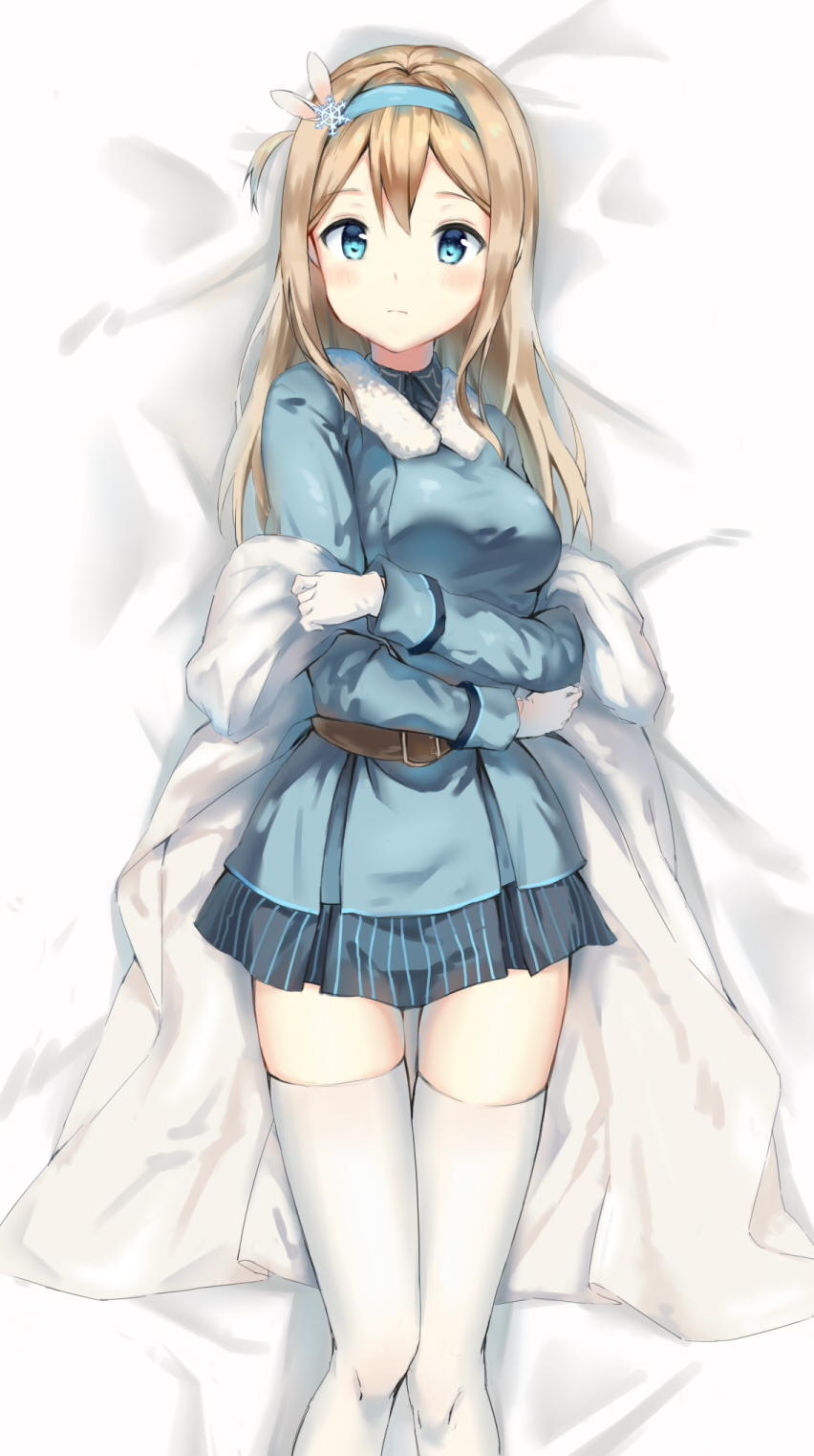 bangs bed_sheet belt blonde_hair blue_eyes blue_skirt blush breasts closed_mouth coat commentary_request dakimakura eyebrows_visible_through_hair girls_frontline gloves hair_ornament hairband highres long_hair looking_at_viewer lying medium_breasts military military_uniform nather official_style on_back sidelocks skirt snowflake_hair_ornament solo striped striped_skirt suomi_kp31_(girls_frontline) thighhighs thighs uniform white_gloves white_legwear zettai_ryouiki