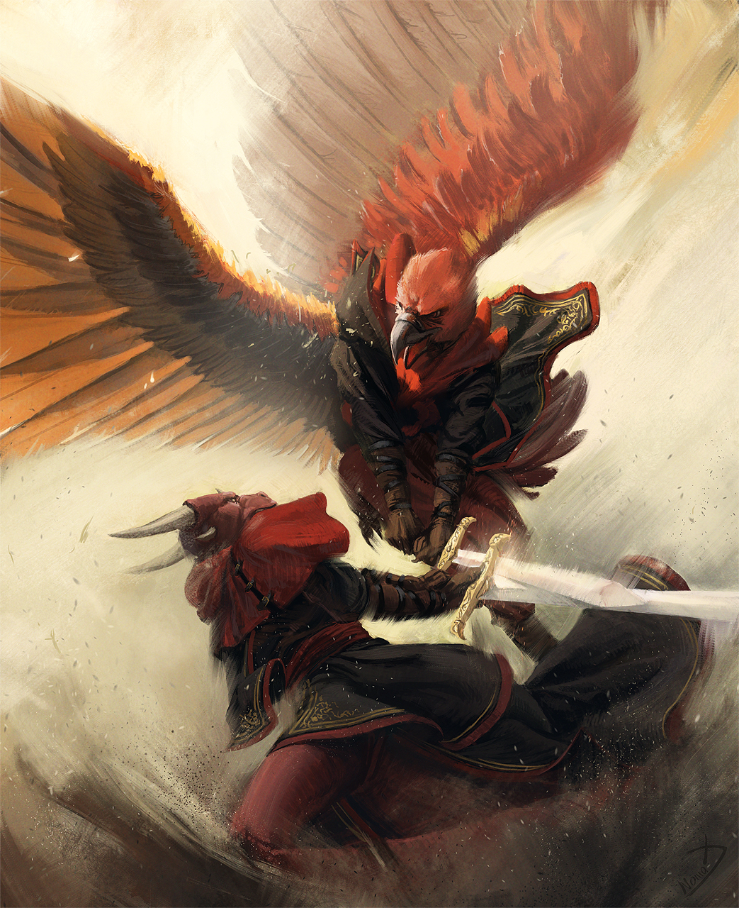 2016 action_pose angry anthro armor armwear avian battle bird clothed clothing digital_media_(artwork) dragon duel dutch_angle eagle eye_contact feathers fight fighting_stance fully_clothed gauntlets gloves hi_res holding_object holding_weapon horn male melee_weapon nomax onyxcenturion open_mouth outside photorealism red_feathers red_scales reptile scales scalie sword weapon wings