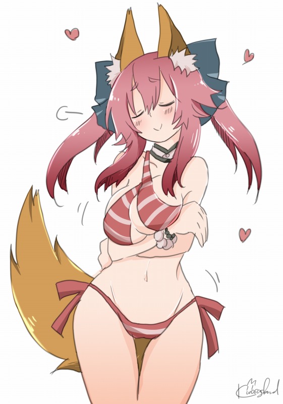 animal_ears bikini blush breasts cleavage closed_eyes commentary_request cosplay criss-cross_halter fate/extra fate/grand_order fate_(series) fox_ears fox_tail groin hair_ribbon halterneck heart kasagland large_breasts long_hair navel nero_claudius_(fate)_(all) nero_claudius_(swimsuit_caster)_(fate) nero_claudius_(swimsuit_caster)_(fate)_(cosplay) pink_hair ribbon simple_background smile solo striped striped_bikini swimsuit tail tamamo_(fate)_(all) tamamo_no_mae_(fate) twintails unaligned_breasts white_background