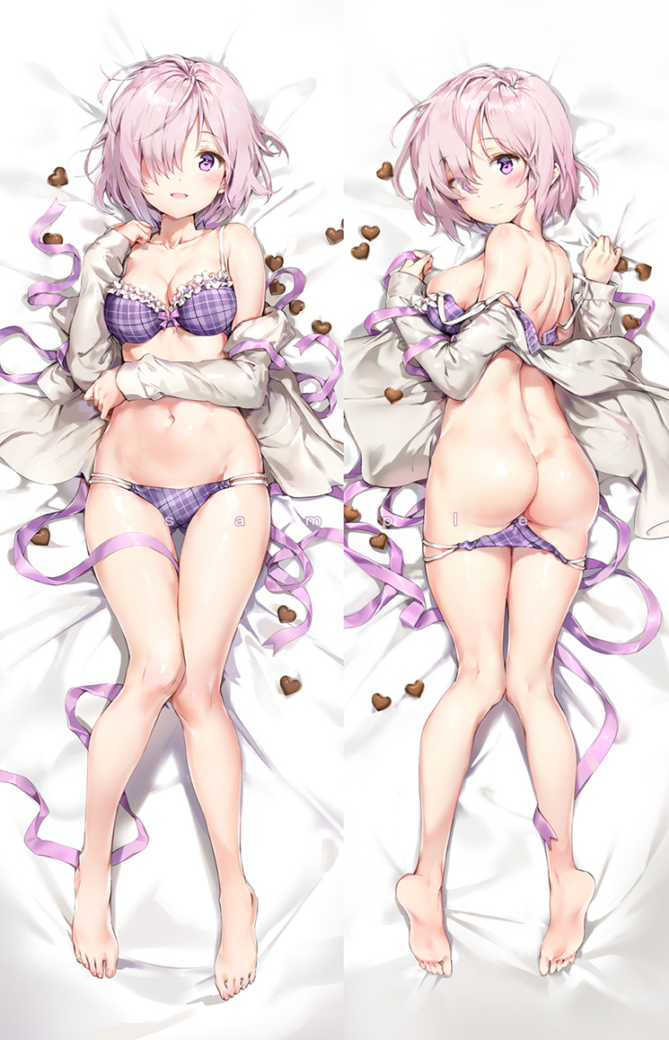 anmi ass bangs bare_legs bare_shoulders barefoot bed_sheet blush bow bow_bra bra breasts chocolate chocolate_heart commentary_request dakimakura eyebrows_visible_through_hair eyes_visible_through_hair fate/grand_order fate_(series) frilled_bra frills from_above full_body hair_over_one_eye heart large_breasts lavender_hair looking_at_viewer looking_back lying mash_kyrielight medium_breasts multi-strapped_panties multiple_views navel off_shoulder on_back on_stomach open_clothes open_mouth panties panty_pull plaid plaid_bra plaid_panties purple_bra purple_eyes purple_panties ribbon sample short_hair smile underwear