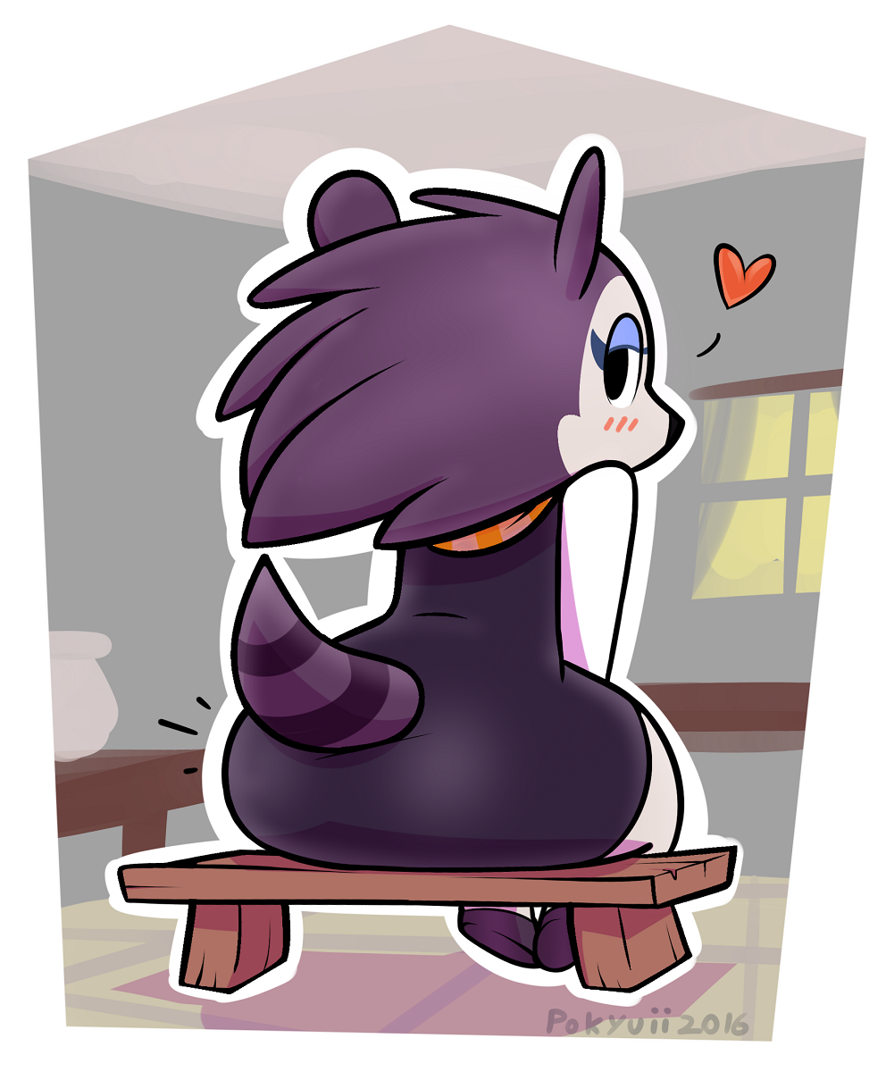 &lt;3 2016 aliasing animal_crossing anthro bench big_butt biped black_clothing black_topwear blue_eyeshadow blush border butt butt_focus cel_shading chair chibi clothed clothing digital_drawing_(artwork) digital_media_(artwork) dress eyelashes female footwear full-length_portrait fur half-closed_eyes hedgehog inside labelle_able looking_at_viewer looking_back mammal nintendo on_bench on_chair outline pokyuii portrait purple_fur raised_tail rear_view scarf shoes signature sitting solo spines striped_tail stripes video_games white_border