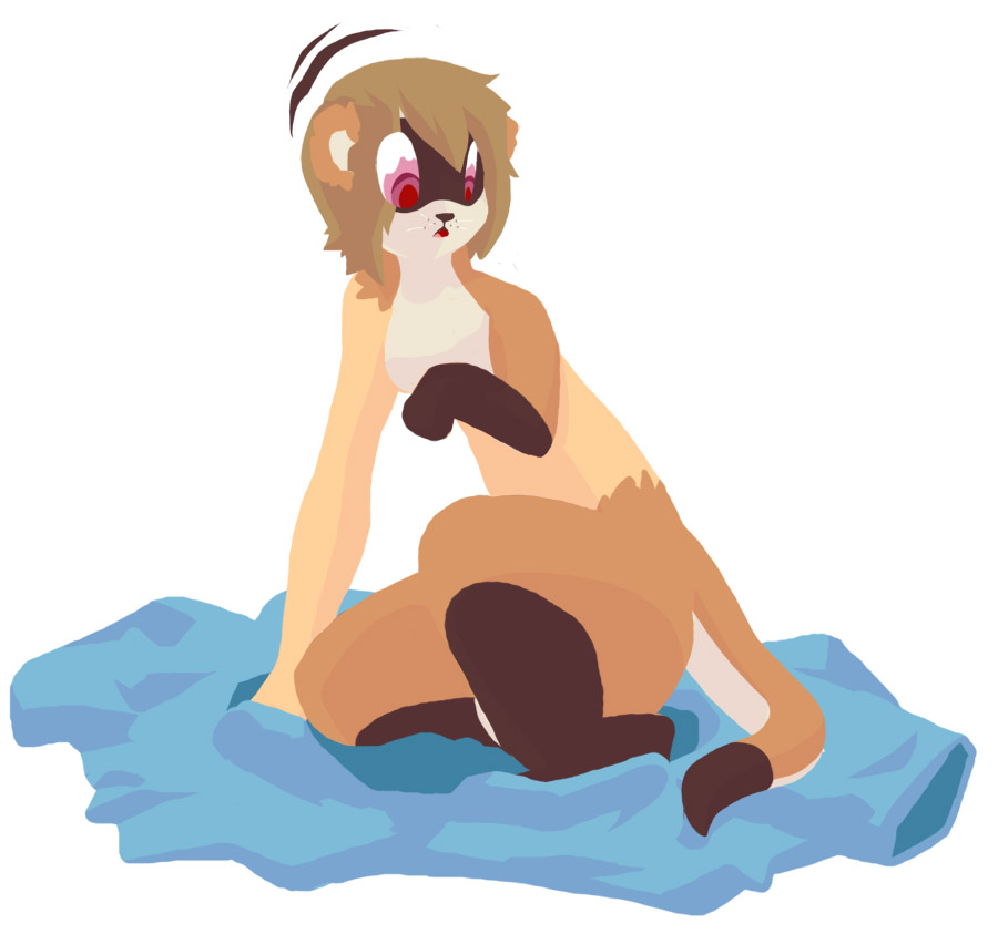 anthro brown_hair female ferret hair lineless mammal mustelid nnbtf open_mouth shrinking simple_background sitting solo surprise transformation